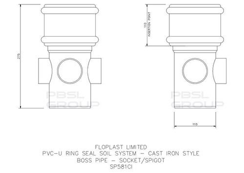 FloPlast Ring Seal Soil Boss Pipe Single Socket - 110mm Cast Iron Effect