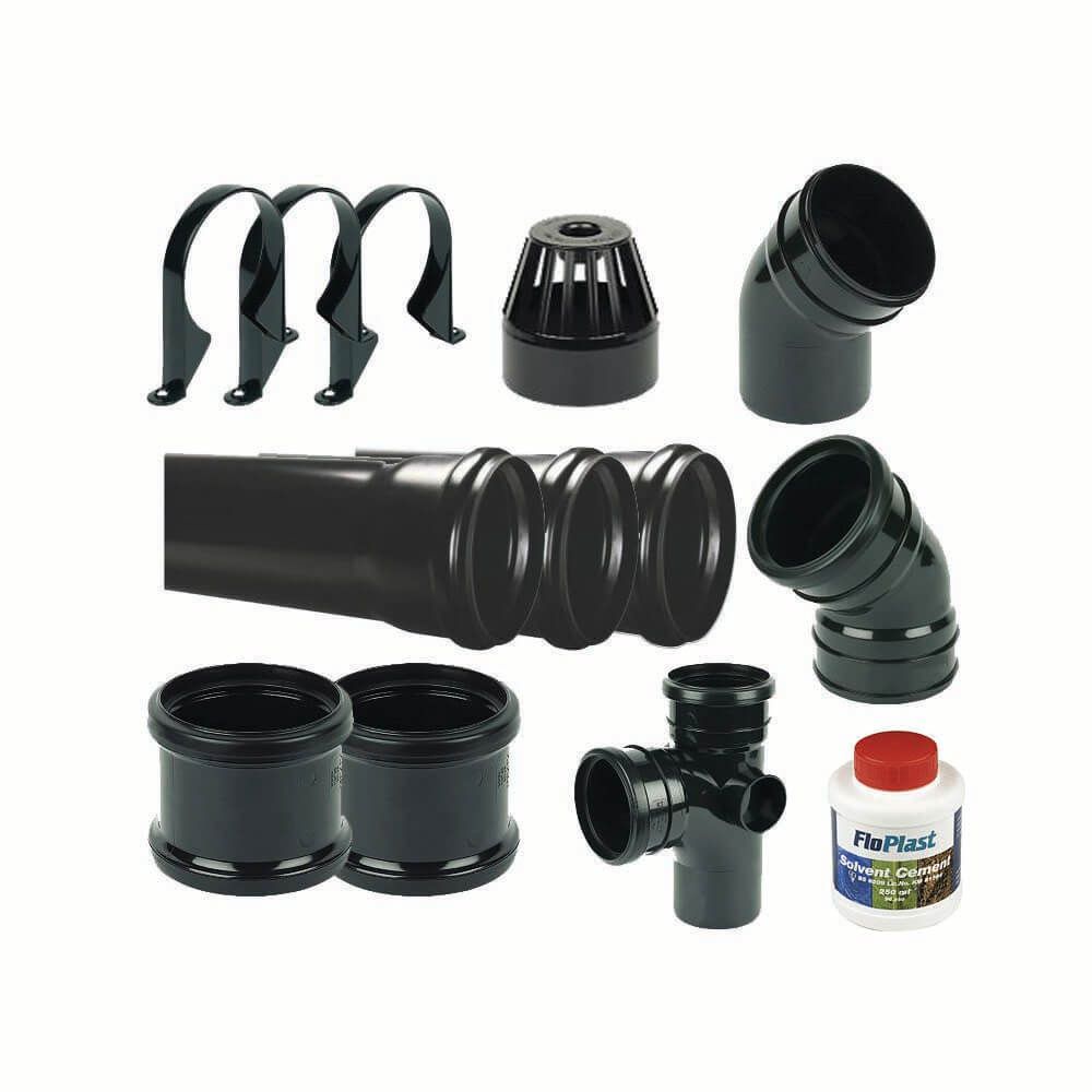 Ring Seal Soil Stack Complete Kit - With Offsets - 110mm Black
