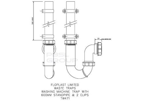 FloPlast Washing Machine Trap - 600mm Standpipe And Clips x 40mm White