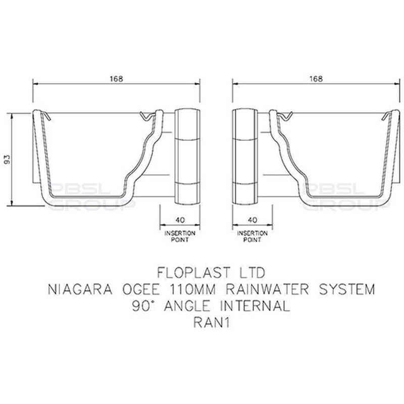 FloPlast Ogee Gutter Internal Angle - 90 Degree x 110mm x 80mm Black