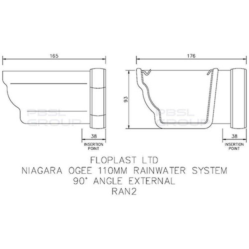 FloPlast Ogee Gutter External Angle - 90 Degree x 110mm x 80mm Black