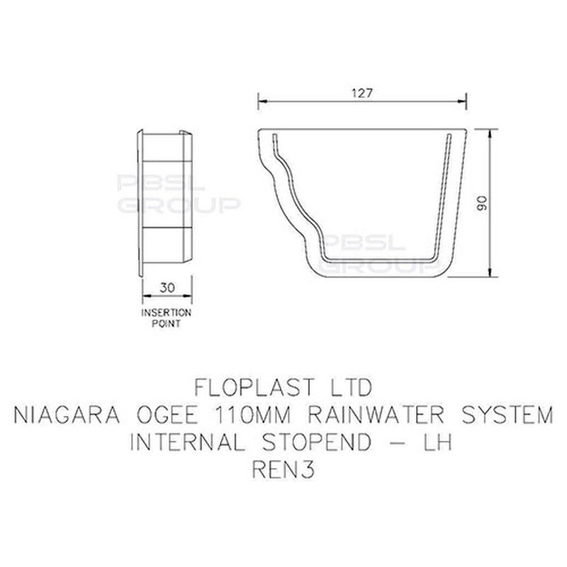 FloPlast Ogee Gutter Internal Stopend Left Hand - 110mm x 80mm Black