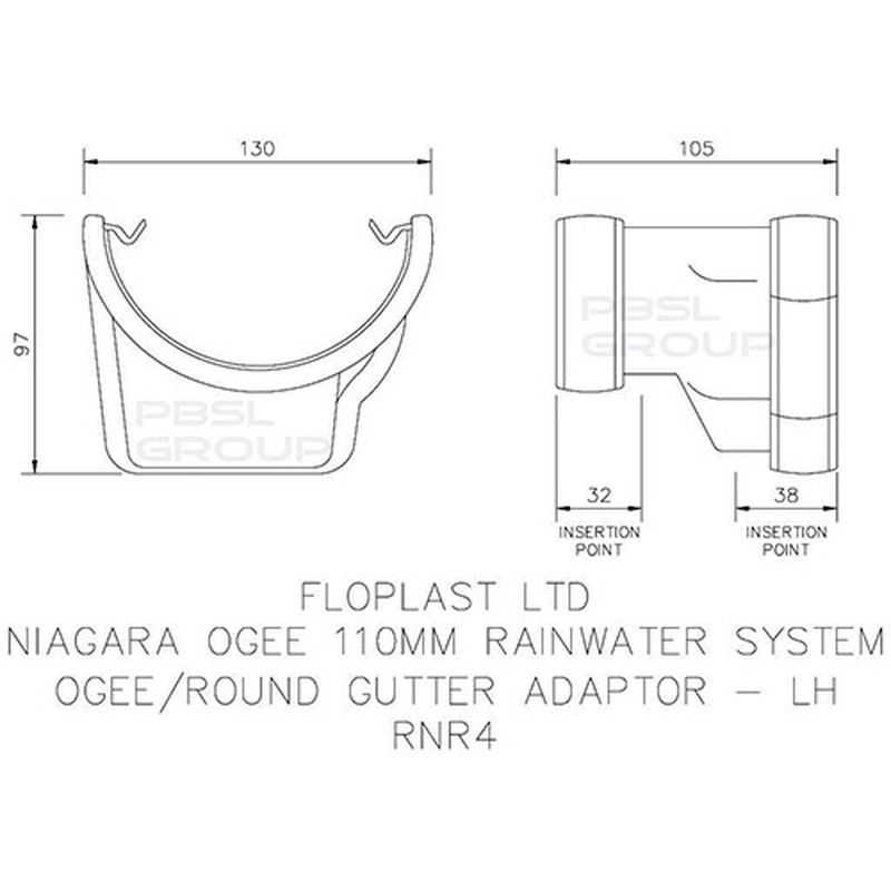 FloPlast PVC Half Round to PVC Ogee Left Hand Gutter Adaptor - Black