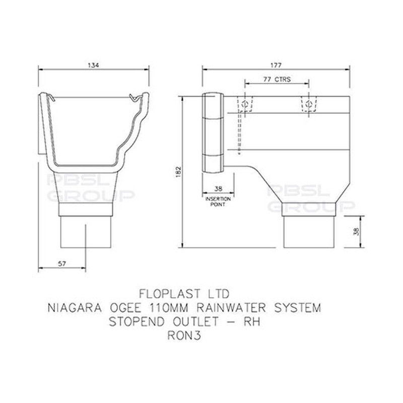 FloPlast Ogee Gutter Stopend Outlet Right Hand - 110mm x 80mm Black