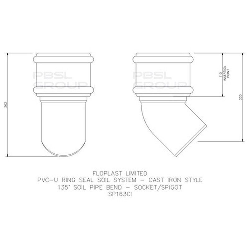FloPlast Ring Seal Soil Bend Single Socket - 135 Degree x 110mm Cast Iron Effect