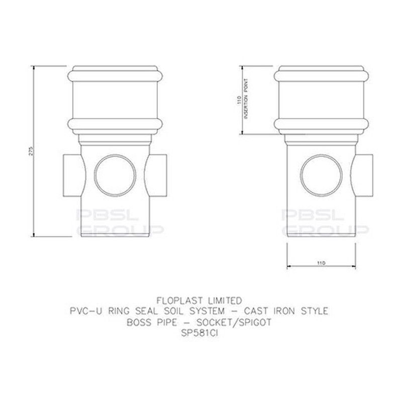 FloPlast Ring Seal Soil Boss Pipe Single Socket - 110mm Cast Iron Effect