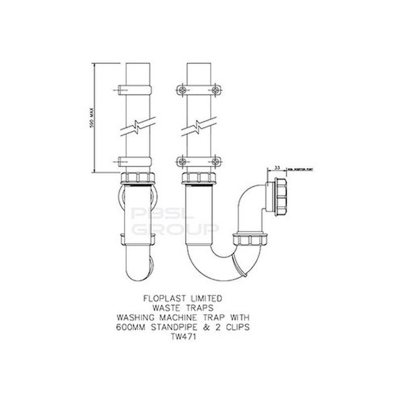 FloPlast Washing Machine Trap - 600mm Standpipe And Clips x 40mm White