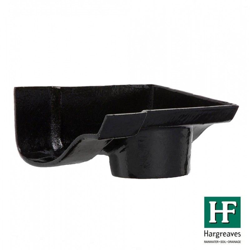 Cast Iron Ogee Gutter Right Hand Stopend Outlet - 115mm for 65mm Downpipe Black