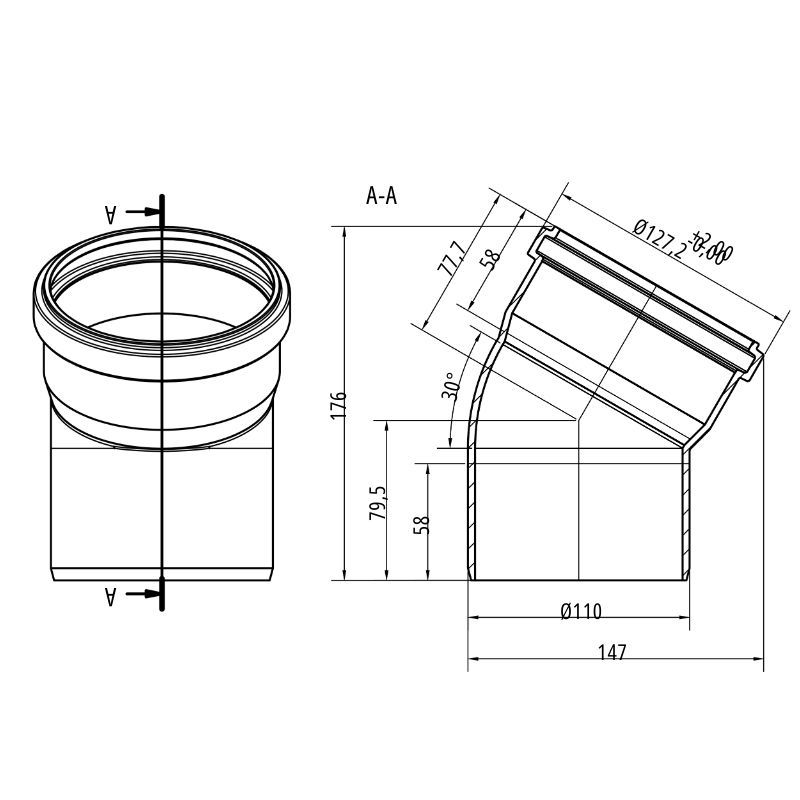 Drainage Bend Single Socket - 30 Degree x 110mm
