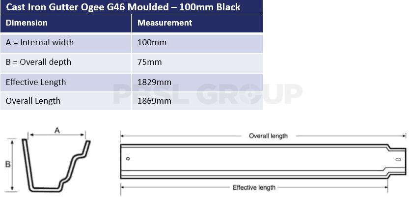 100mm Cast Iron Black Ogee G46 Dimensions