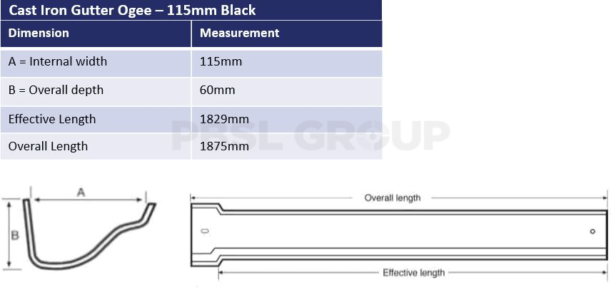 115mm Cast Iron Black Ogee Dimensions