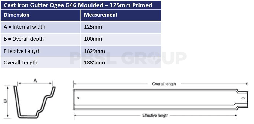 125mm Cast Iron Primed Ogee G46 Dimensions